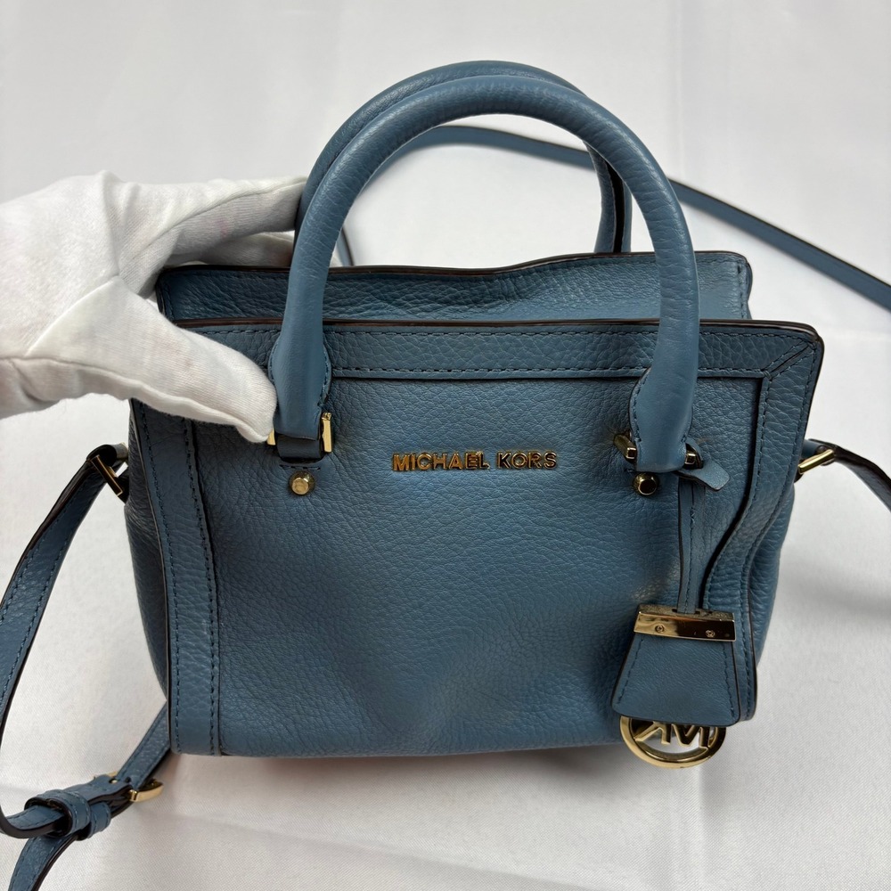 Michael Kors Collins Satchel Crossbody Bag Leather Mini Blue‎ Designer Purse